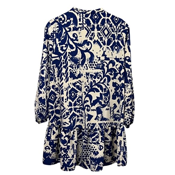 Zara Long Sleeve Boho Tiered Mini Dress, Cobalt Blue Print, S - Picture 2 of 6